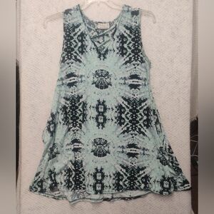 Bobby Brooks Women’s M Turquoise Geometric A-Line Mini Dress Caged Front Hippie